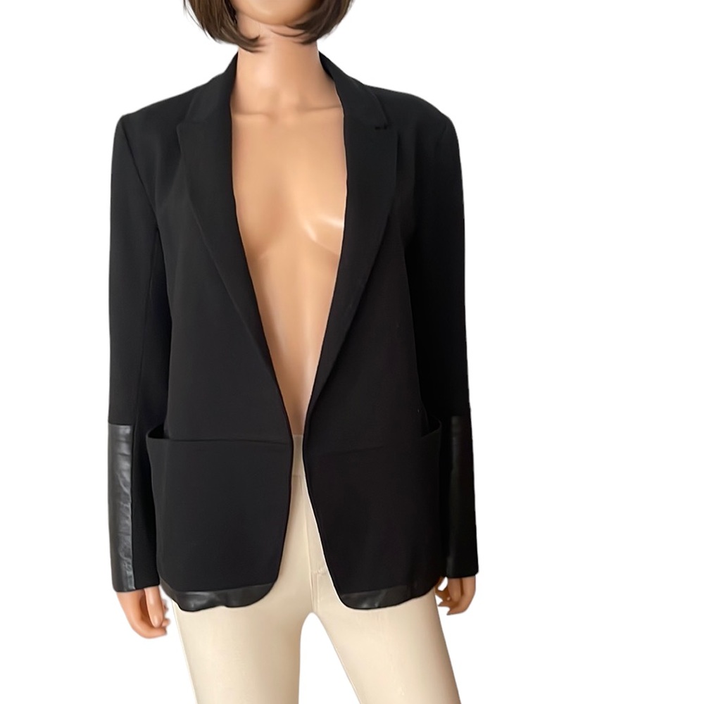 Theory Black Open-Front Knit Blazer Lambskin Leather Trim NWOT | Edgy Classic